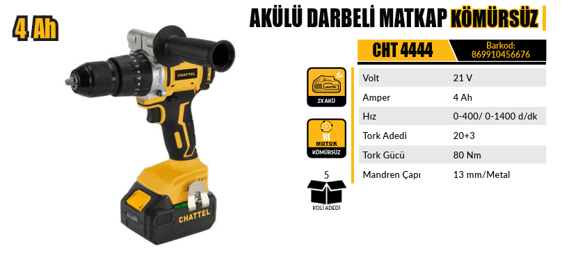 AKÜLÜ DARBELİ MATKAP KÖMÜRSÜZ CHATTEL 4Ah