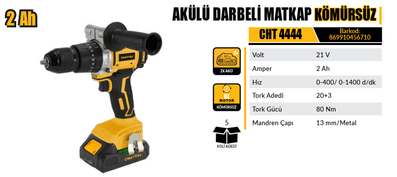 AKÜLÜ DARBELİ MATKAP KÖMÜRSÜZ CHATTEL 2Ah